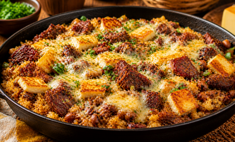 Baião de Dois Tradicional do Ceará com Carne de Sol e Queijo Coalho Derretido receita